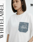 THEWHITELABEL PK02 Denim Pocket Embroidered Oversized Unisex T-Shirt in White Colour