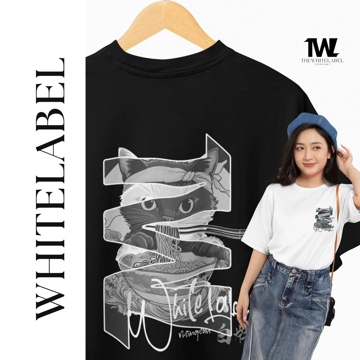 Japanese Lucky Cat Graphic Tee | THEWHITELABEL SG03 Oversize T-shirt