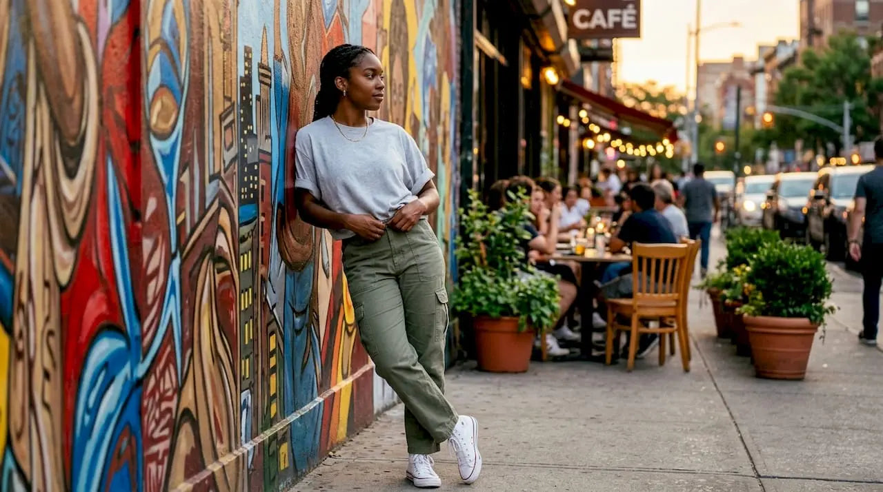 Young woman styling oversized tee outdoors