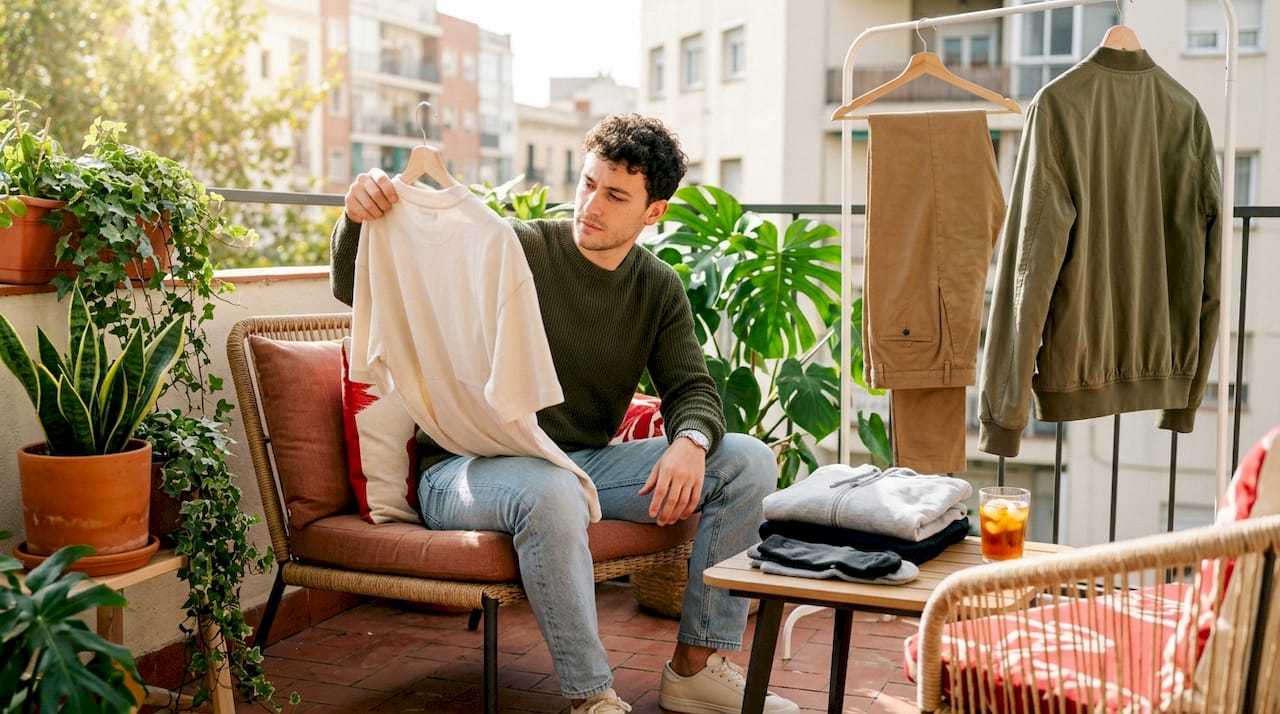 Young man selecting casual outfit in bedroom