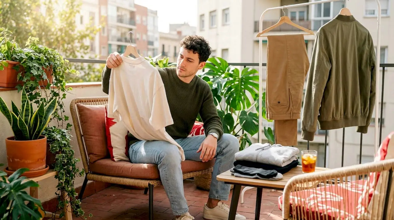 Young man selecting casual outfit in bedroom