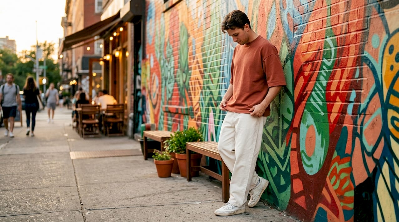 Man wearing oversized streetwear on city street