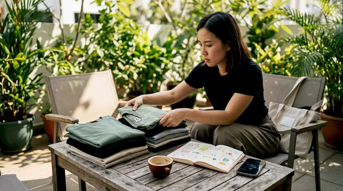 Person comparing oversized tees at home table