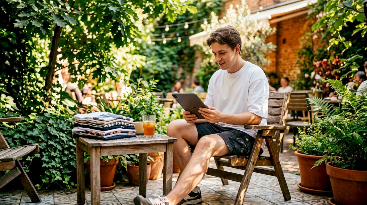 Person browsing oversized T-shirt shopping on tablet