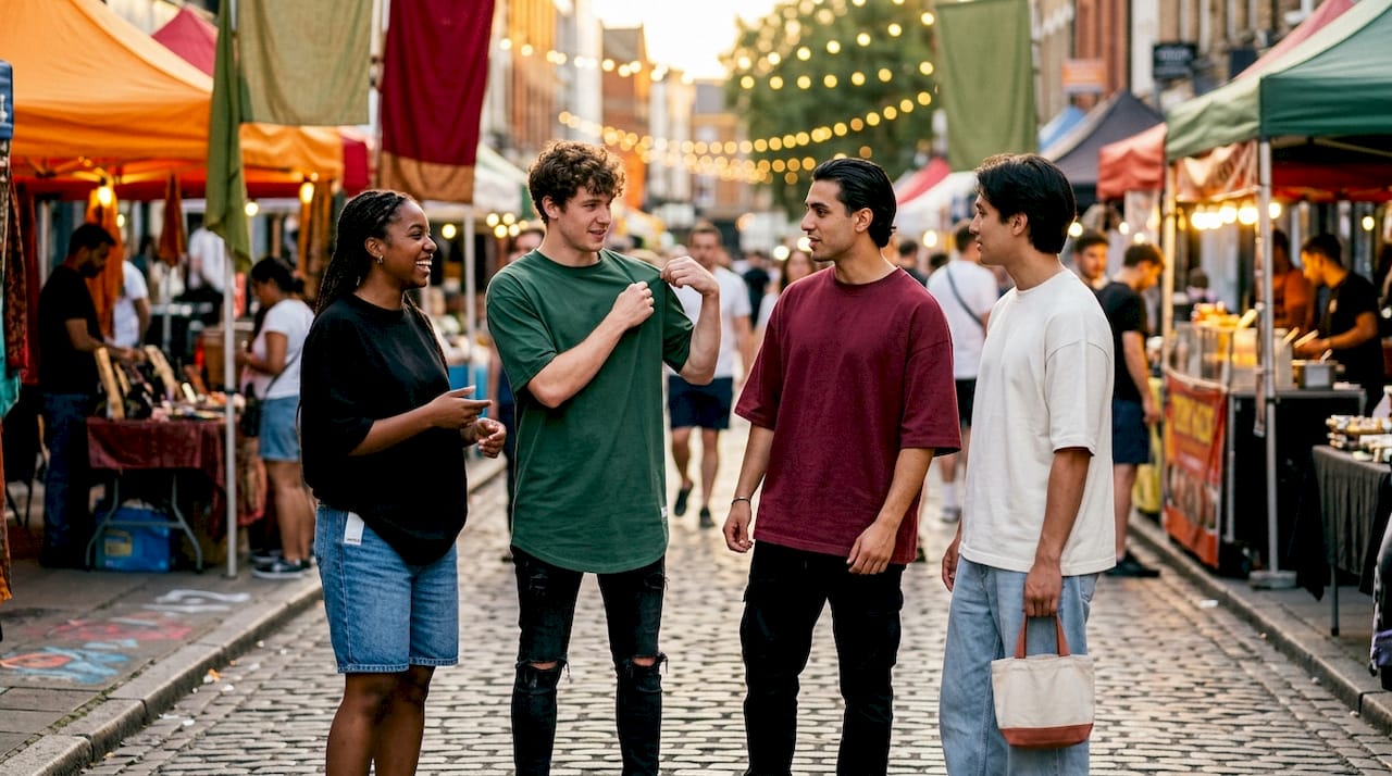 Group showcasing oversized t-shirt fits on rooftop