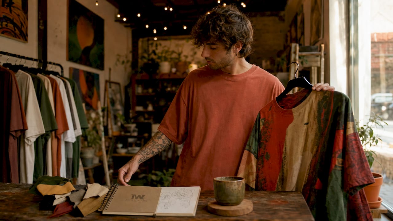 Person adjusting trendy oversized T-shirt in urban fashion studio