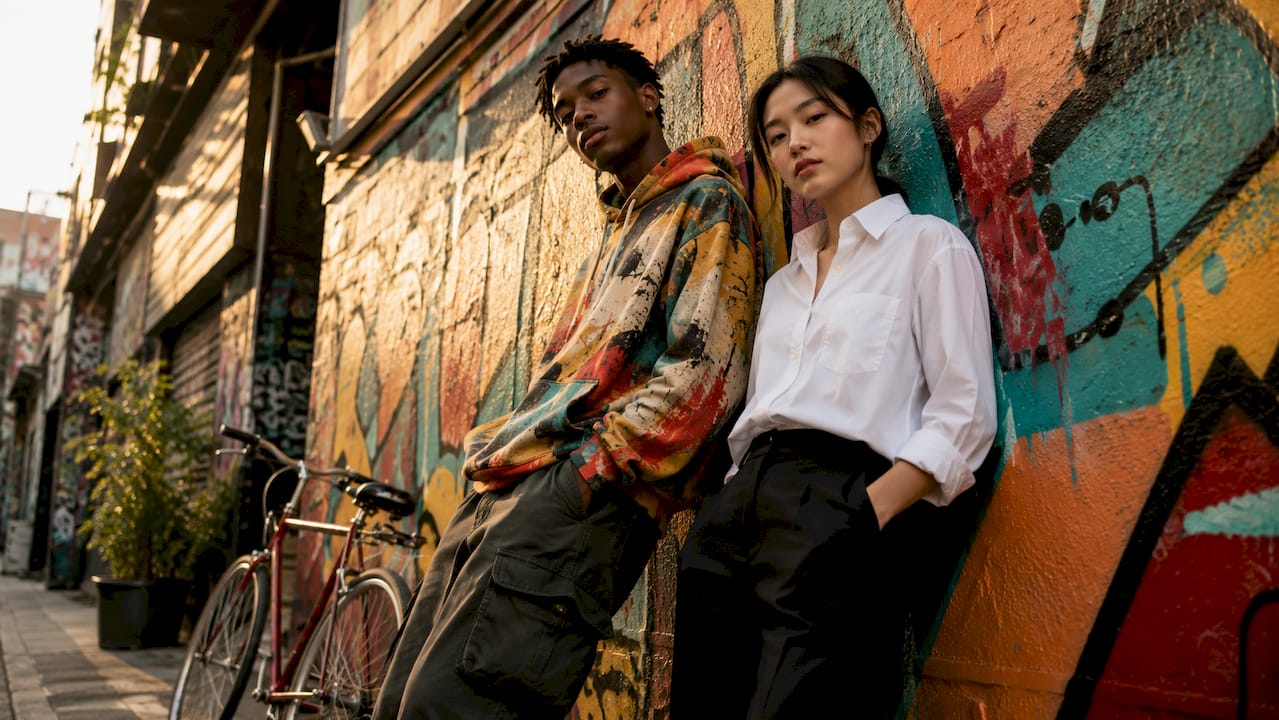 Young models showcasing streetwear and casual wear outfits outside