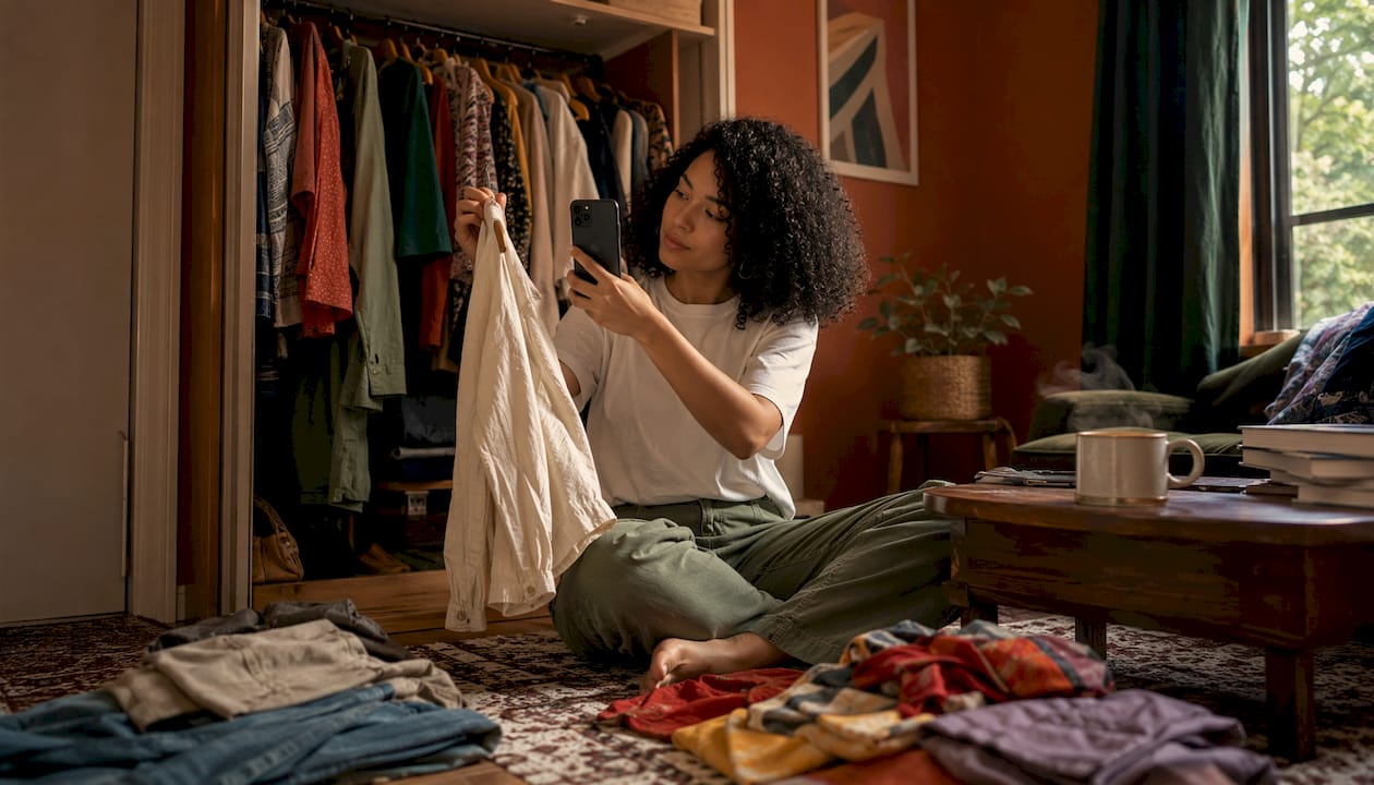 Woman sorting clothes during wardrobe audit
