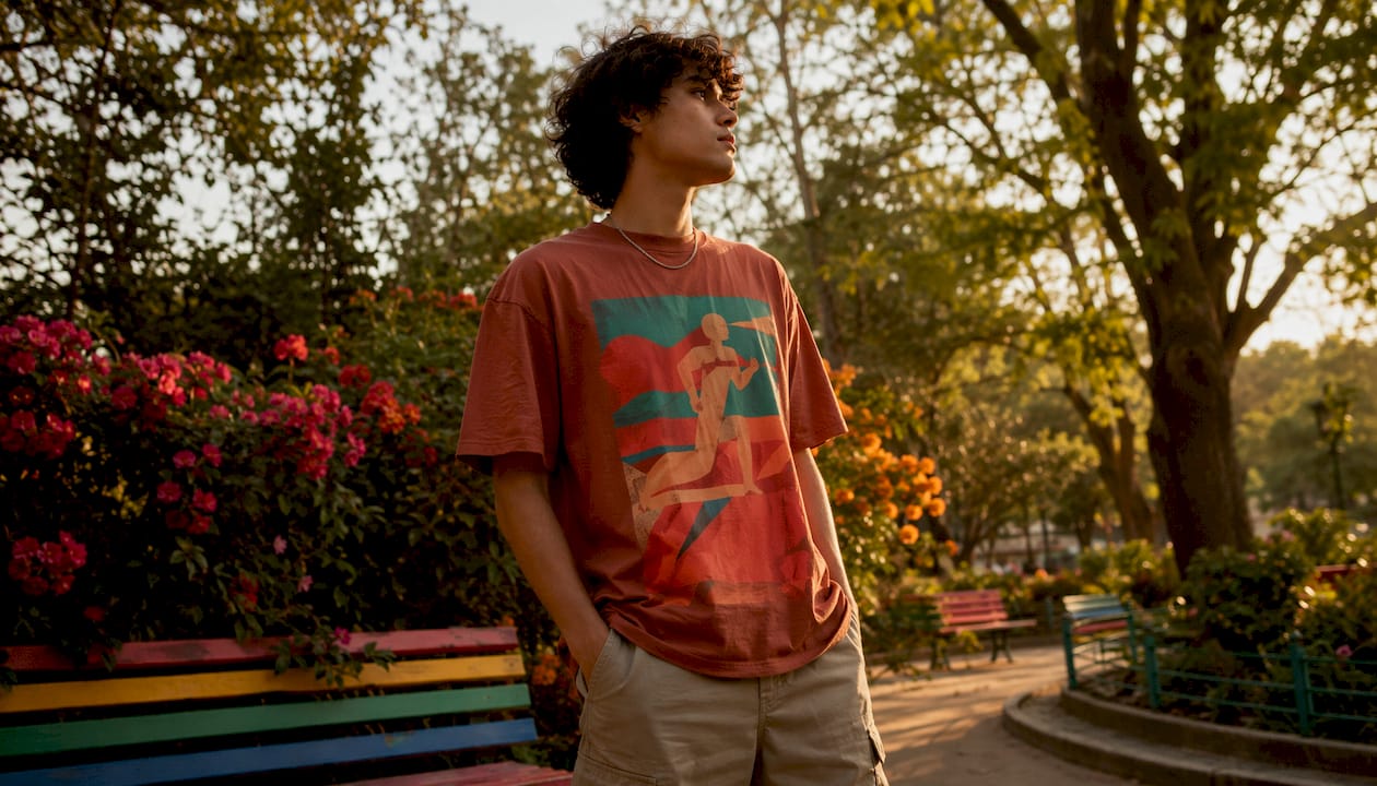 Person wearing colorful graphic tee in art studio