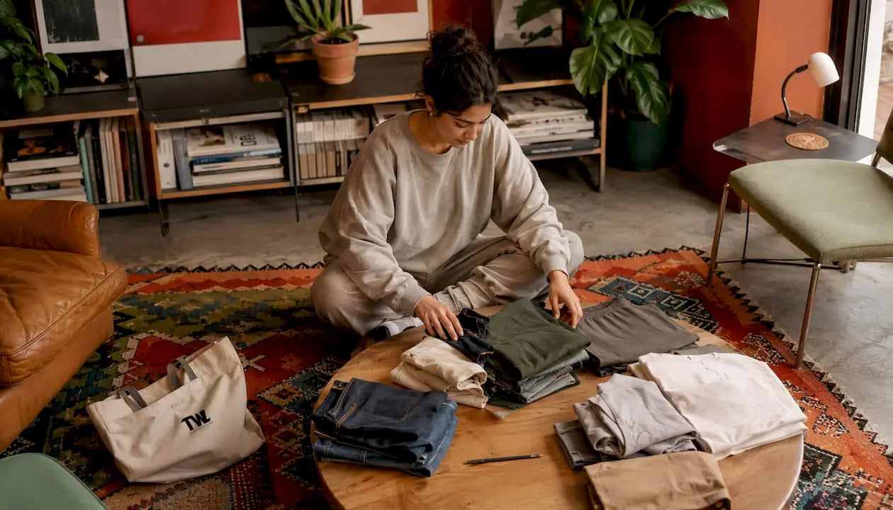 Woman organizing budget wardrobe essentials on floor