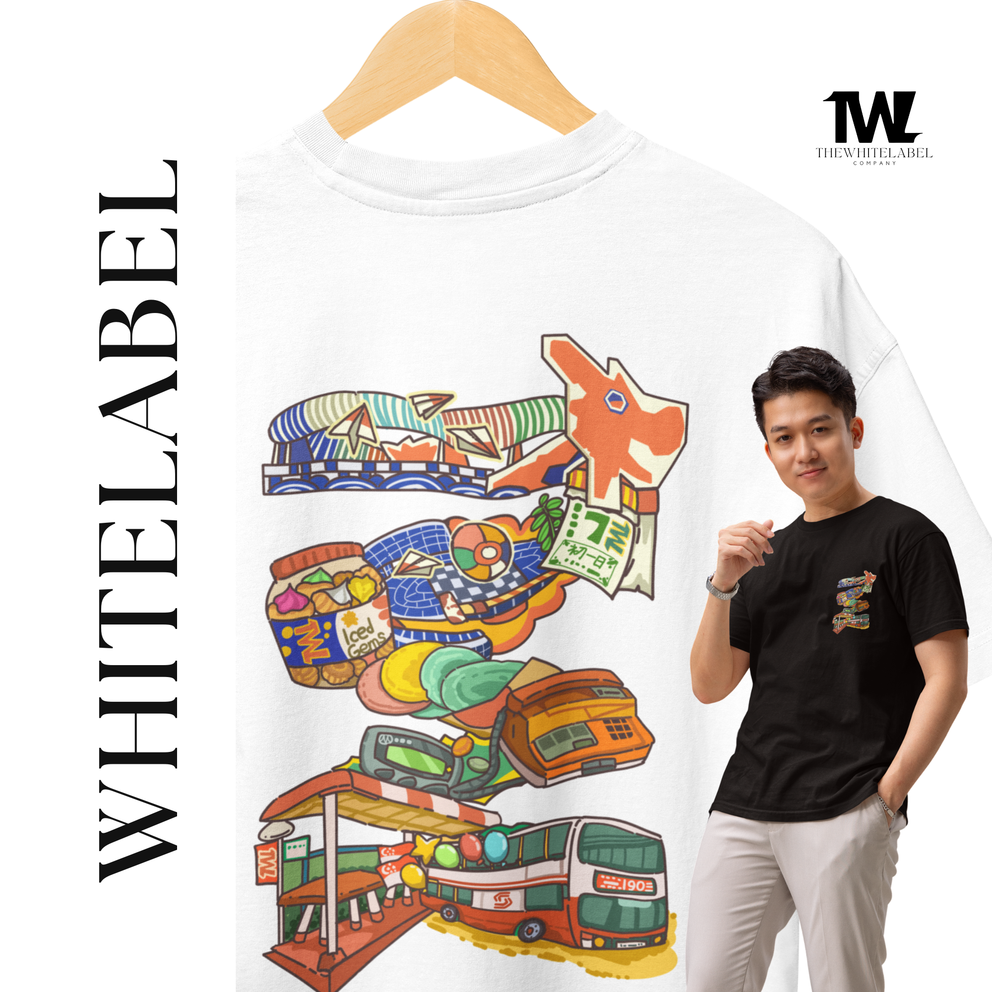 THEWHITELABEL SG14 Nostalgia Singapore Logo 300Gsm Oversize Unisex T-shirt in Black and White Color - TheWhiteLabel