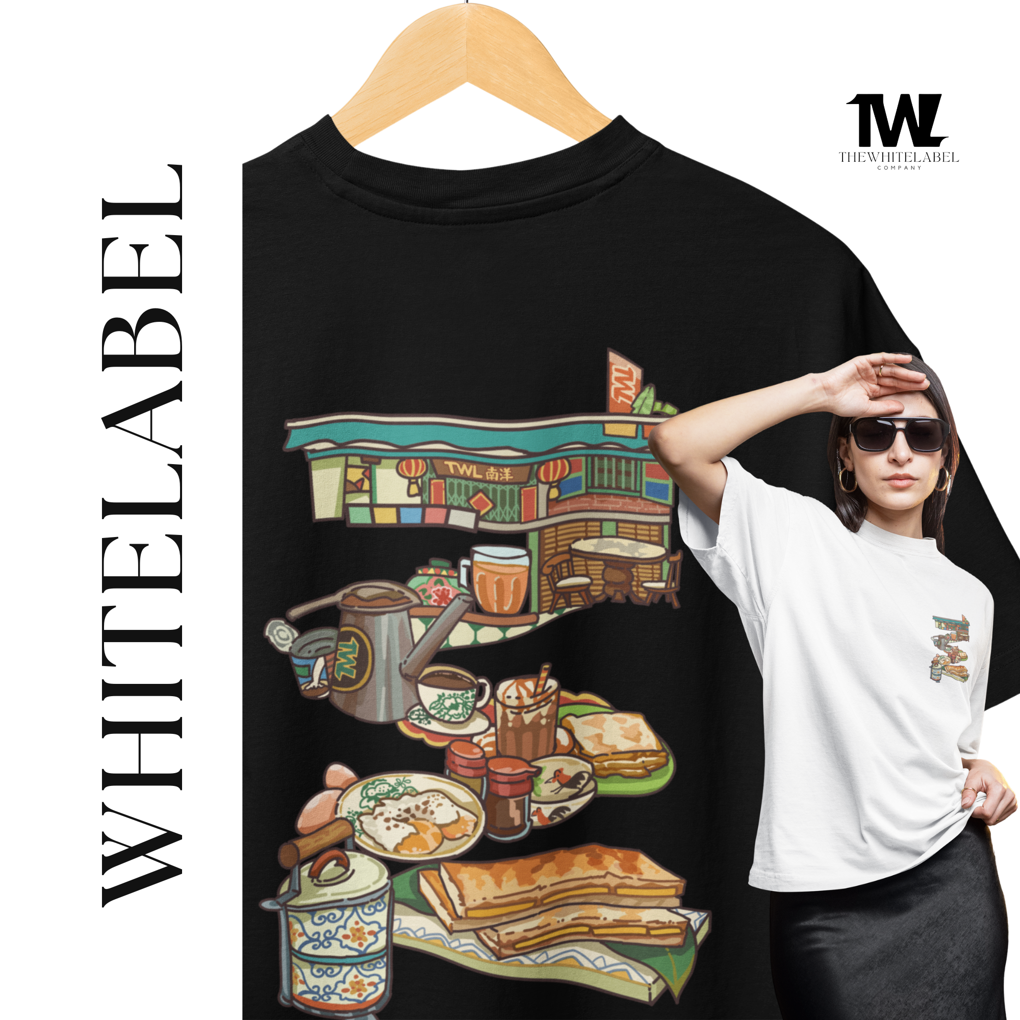 THEWHITELABEL SG16 Nanyang Breakfast Logo 300Gsm Oversize Unisex T-shirt in Black and White Color - TheWhiteLabel