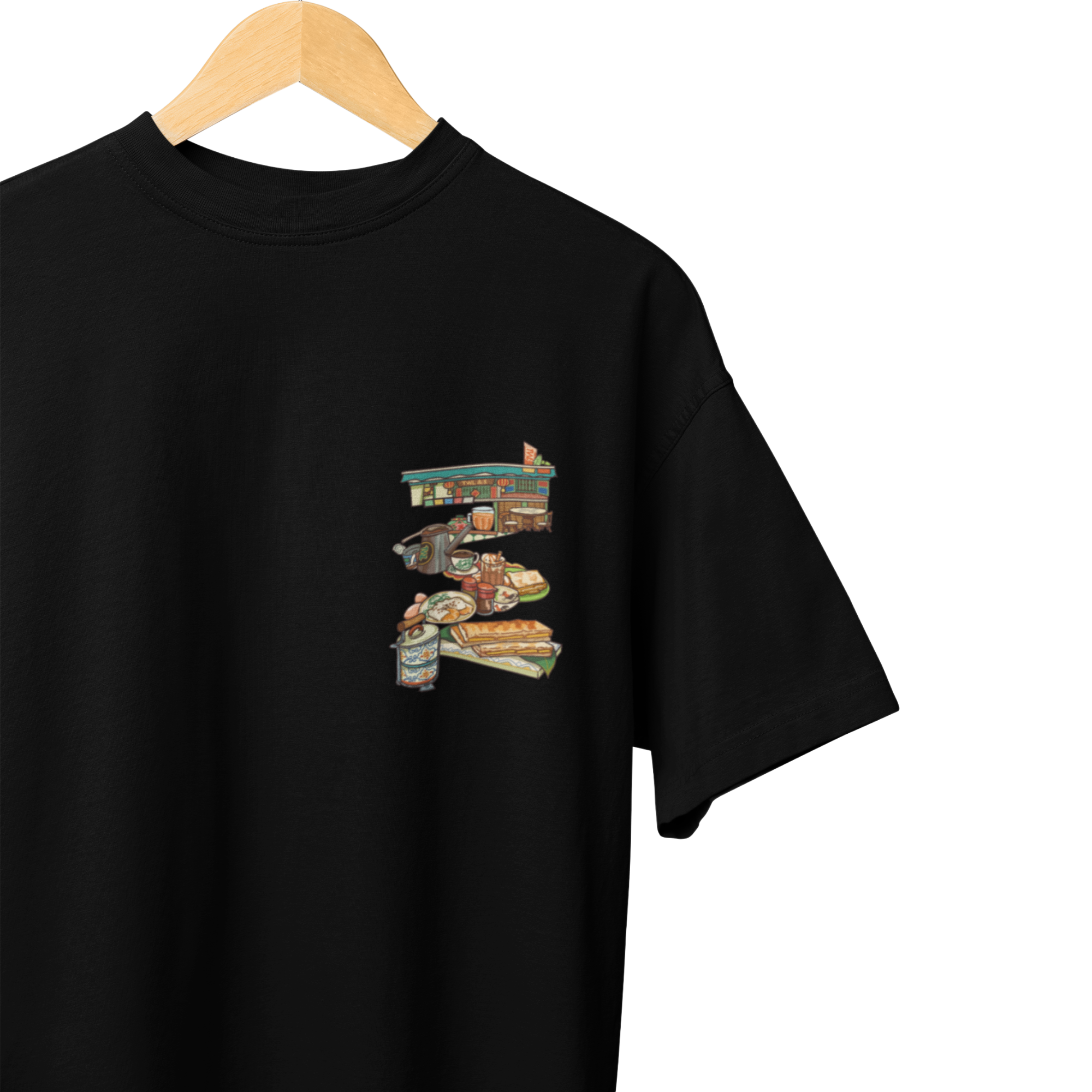 THEWHITELABEL SG16 Nanyang Breakfast Logo 300Gsm Oversize Unisex T-shirt in Black and White Color - TheWhiteLabel