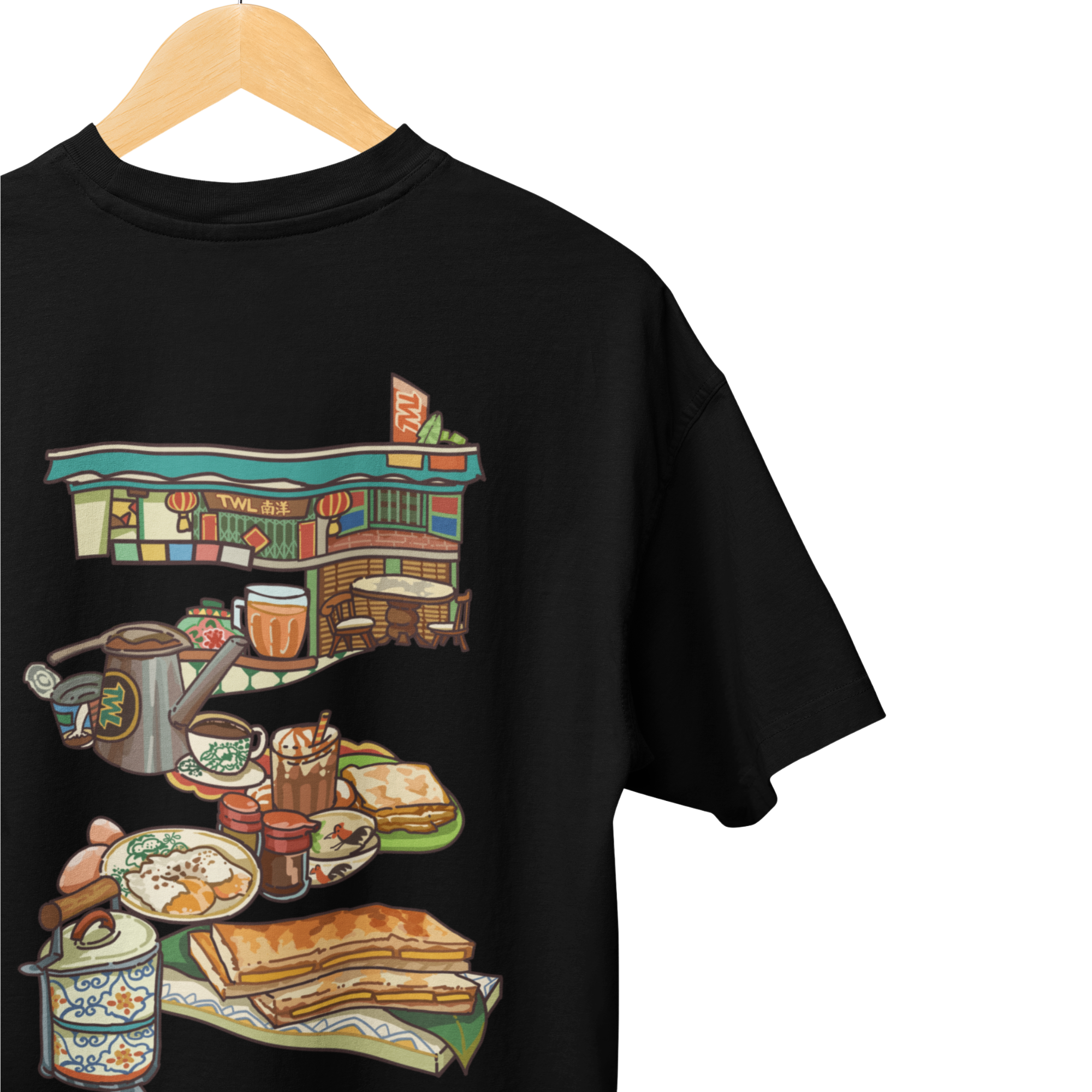 THEWHITELABEL SG16 Nanyang Breakfast Logo 300Gsm Oversize Unisex T-shirt in Black and White Color - TheWhiteLabel