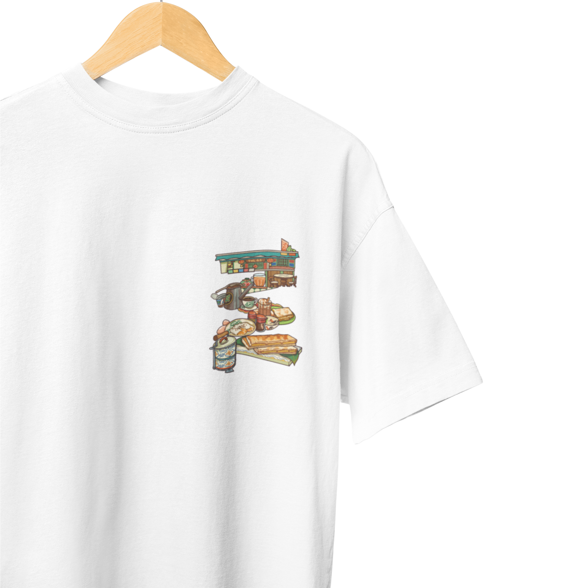 THEWHITELABEL SG16 Nanyang Breakfast Logo 300Gsm Oversize Unisex T-shirt in Black and White Color - TheWhiteLabel