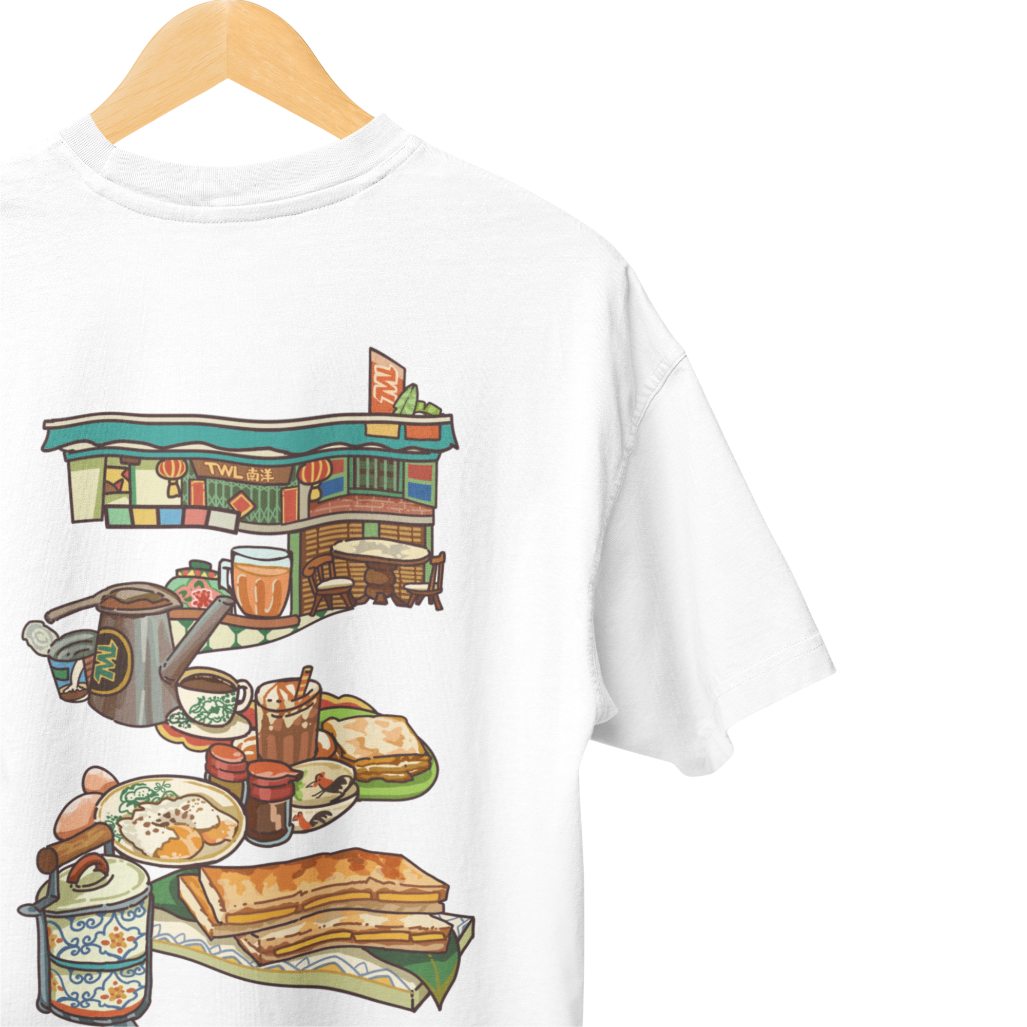THEWHITELABEL SG16 Nanyang Breakfast Logo 300Gsm Oversize Unisex T-shirt in Black and White Color - TheWhiteLabel
