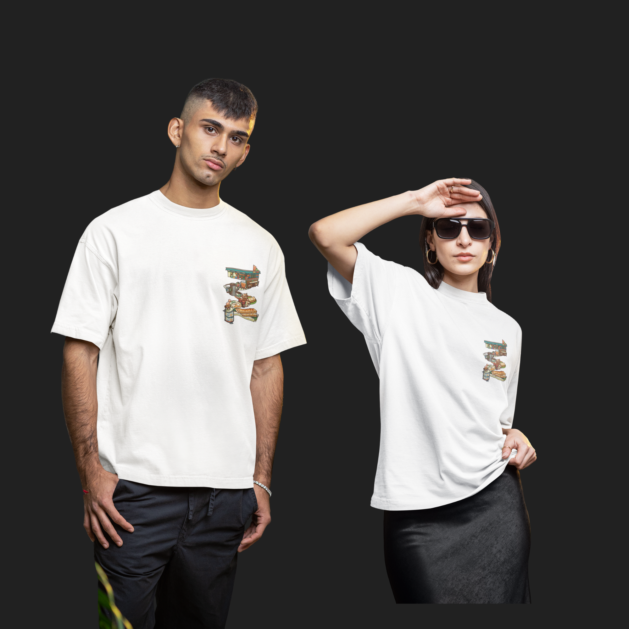 THEWHITELABEL SG16 Nanyang Breakfast Logo 300Gsm Oversize Unisex T-shirt in Black and White Color - TheWhiteLabel