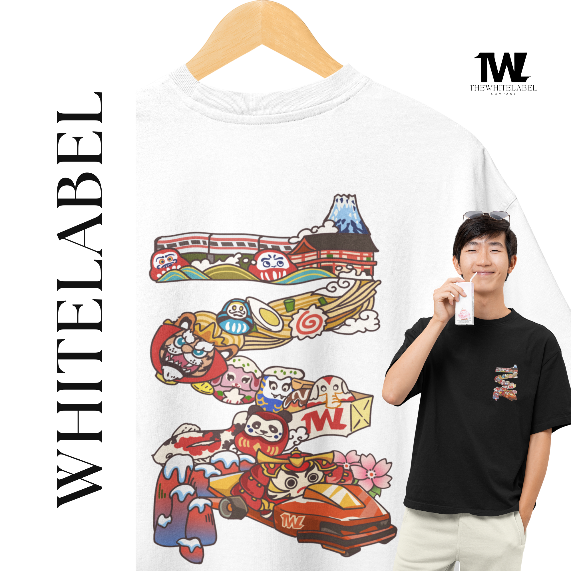 THEWHITELABEL SG15 Daruma Logo 300Gsm Oversize Unisex T-shirt in Black and White Color - TheWhiteLabel