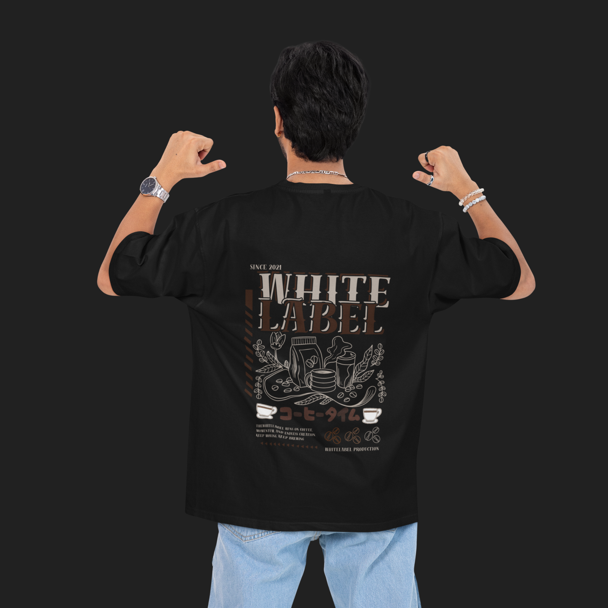 THEWHITELABEL CS04 Coffee Poster Logo 300Gsm Oversize Unisex T-shirt in Black and White Color