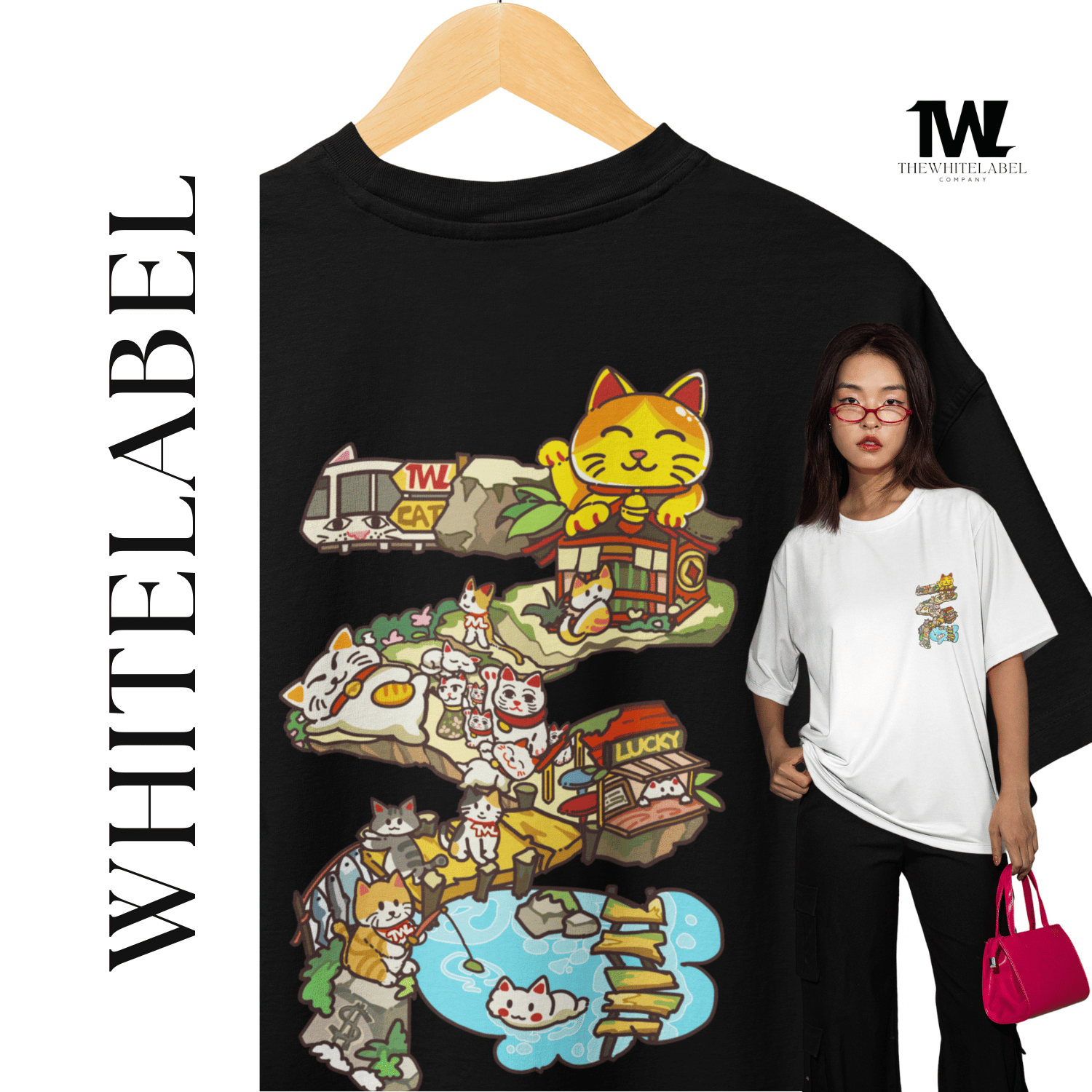 THEWHITELABEL SG21 Fortune Cat Island 300Gsm Oversize Unisex T-shirt in Black and White Color - TheWhiteLabel