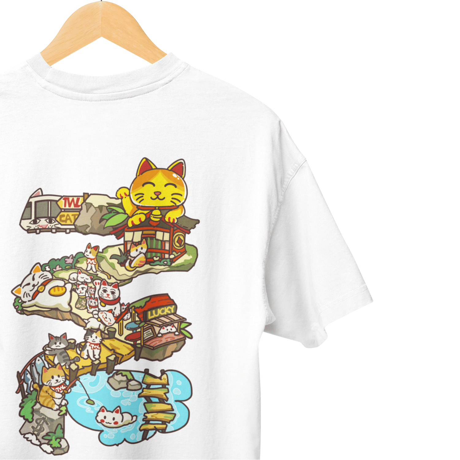 THEWHITELABEL SG21 Fortune Cat Island 300Gsm Oversize Unisex T-shirt in Black and White Color - TheWhiteLabel