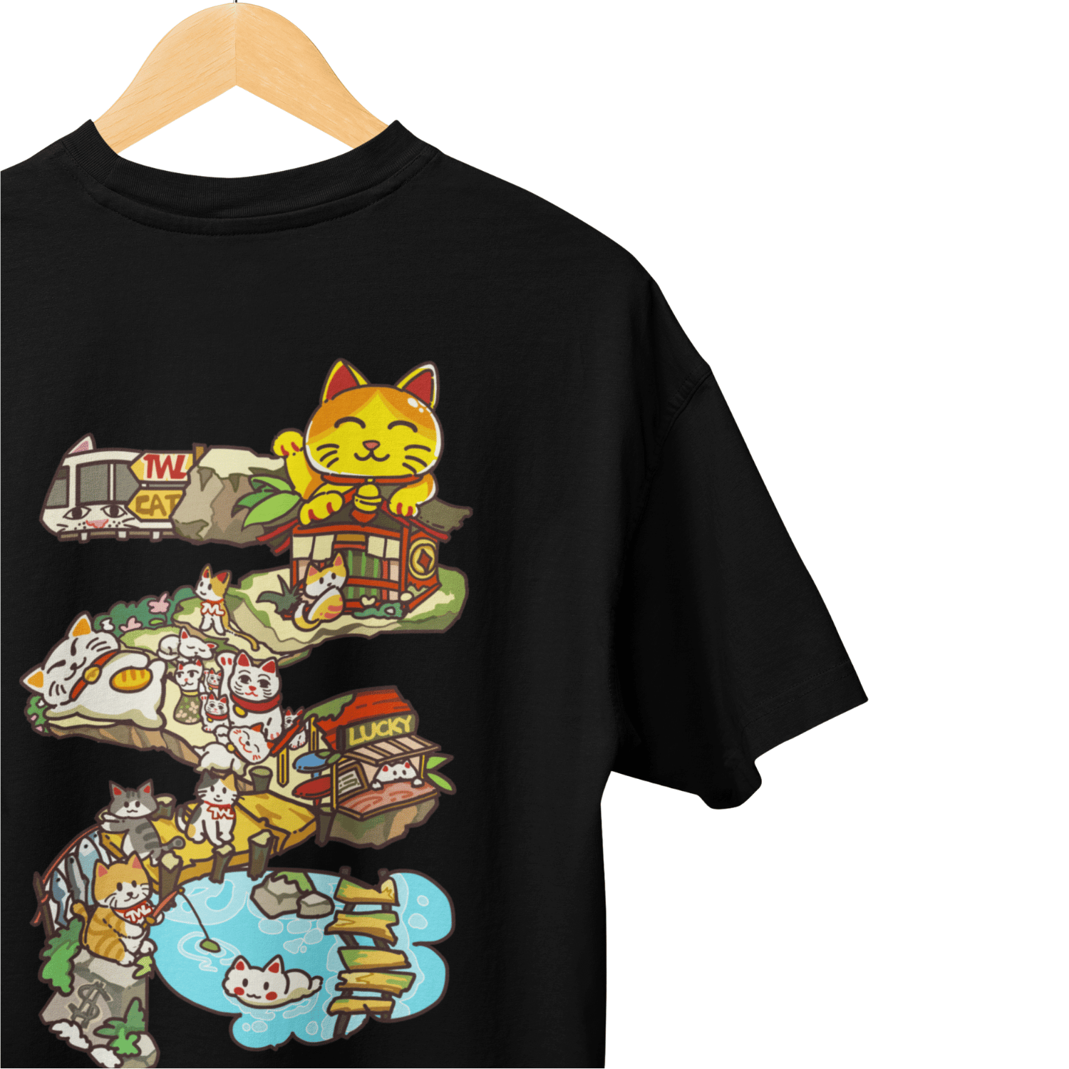 THEWHITELABEL SG21 Fortune Cat Island 300Gsm Oversize Unisex T-shirt in Black and White Color - TheWhiteLabel