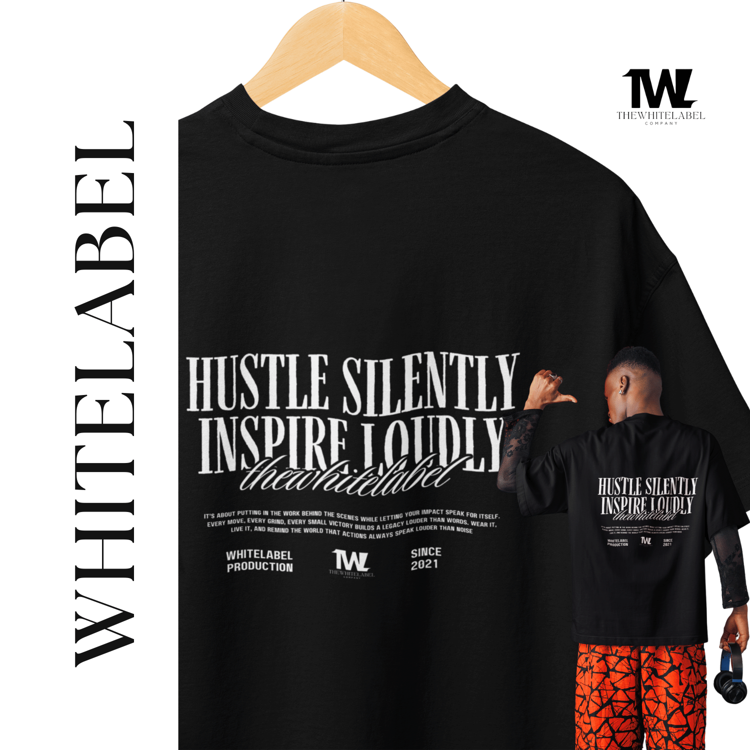 THEWHITELABEL CS05 Hustle in silence 300Gsm Oversize Unisex T-shirt in Black and White Color - TheWhiteLabel