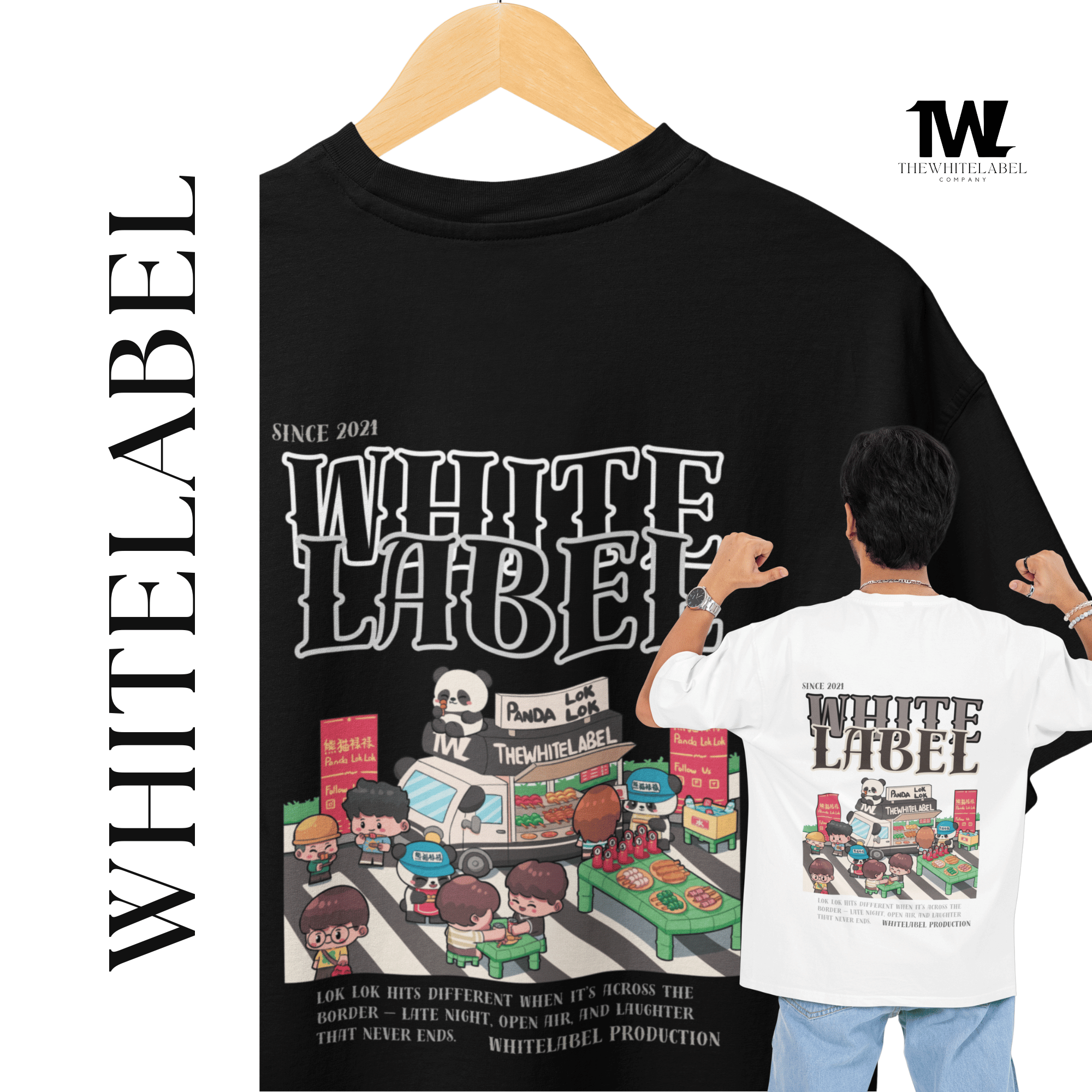 THEWHITELABEL CS08 PANDA LOK LOK 300Gsm Oversize Unisex T-shirt in Black and White Color - TheWhiteLabel