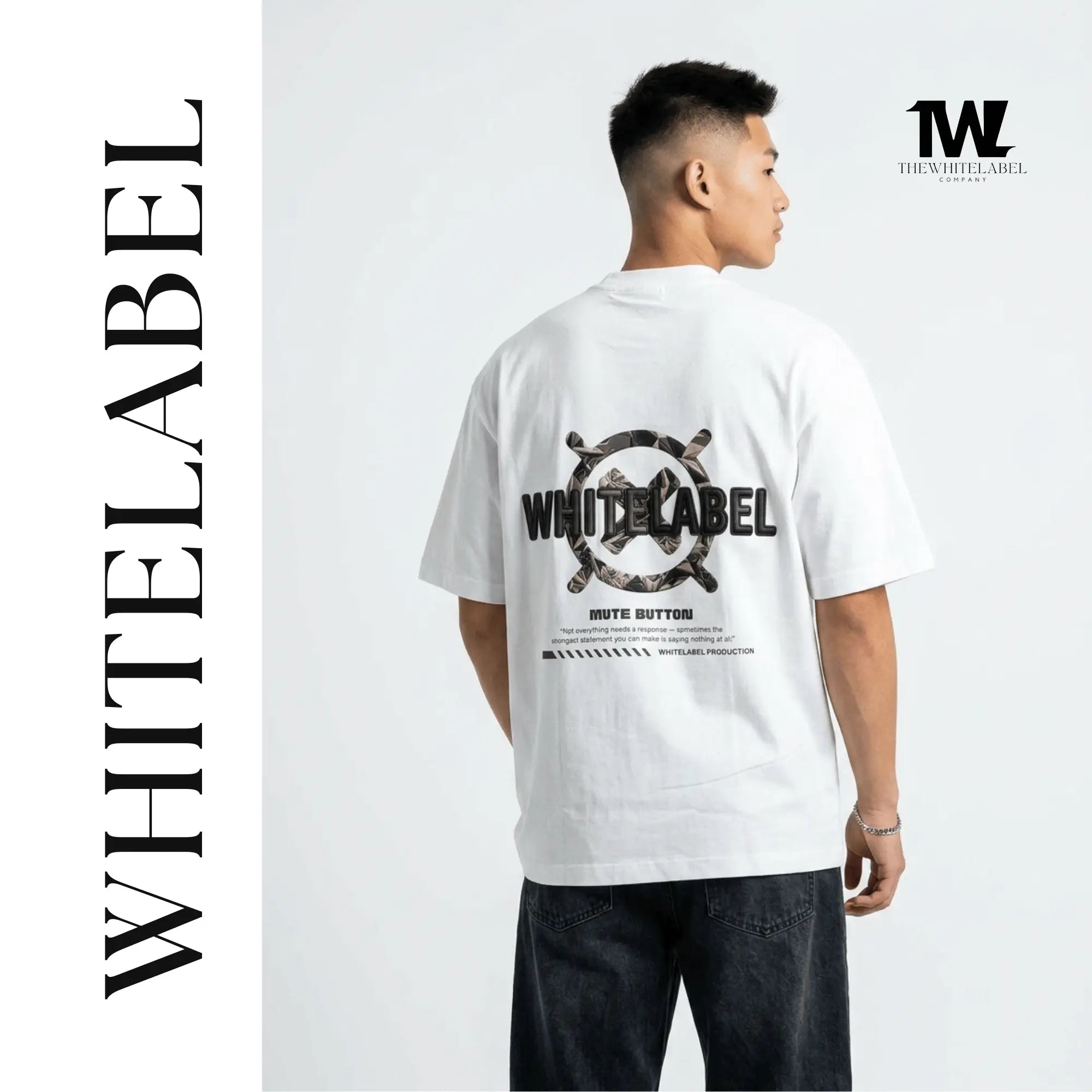 THEWHITELABEL CS12 International MUTE BUTTON 300GSM Unisex T-Shirt Black and White - TheWhiteLabel