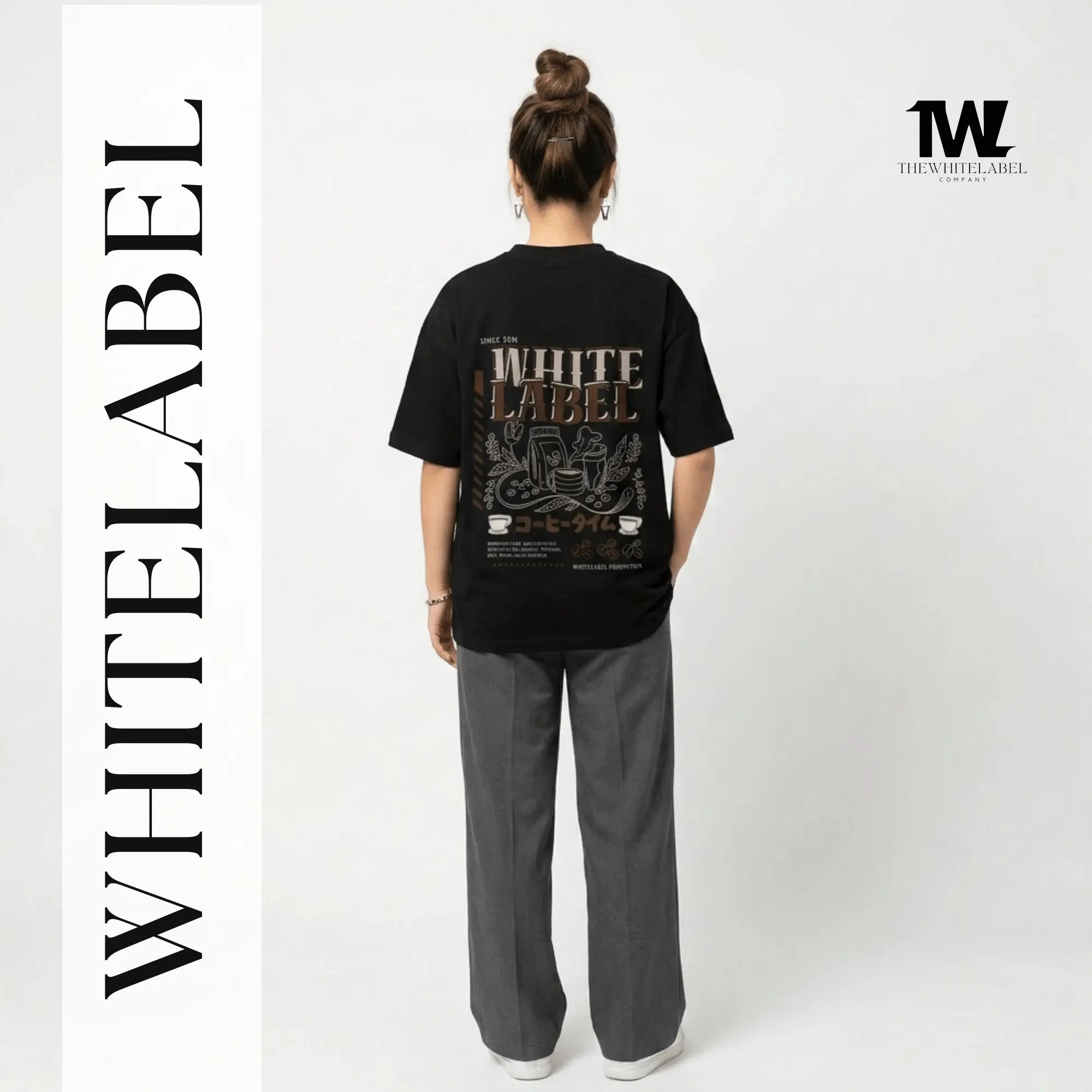 THEWHITELABEL CS04 Coffee Poster Logo 300Gsm Oversize Unisex T-shirt in Black and White Color THEWHITELABEL