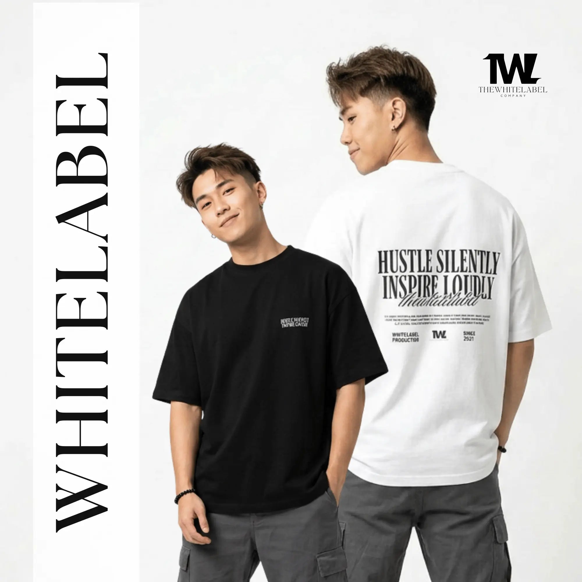 THEWHITELABEL CS05 Hustle in silence 300Gsm Oversize Unisex T-shirt in Black and White Color THEWHITELABEL