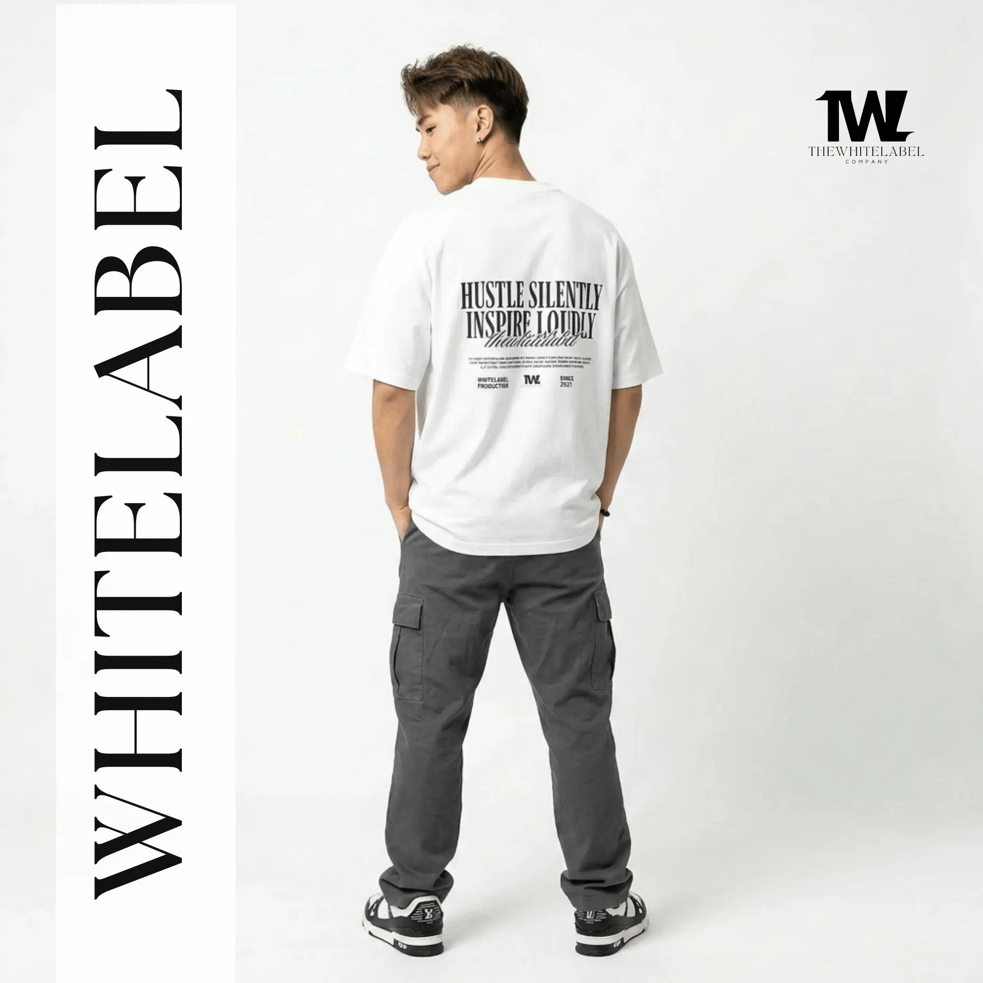 THEWHITELABEL CS05 Hustle in silence 300Gsm Oversize Unisex T-shirt in Black and White Color THEWHITELABEL