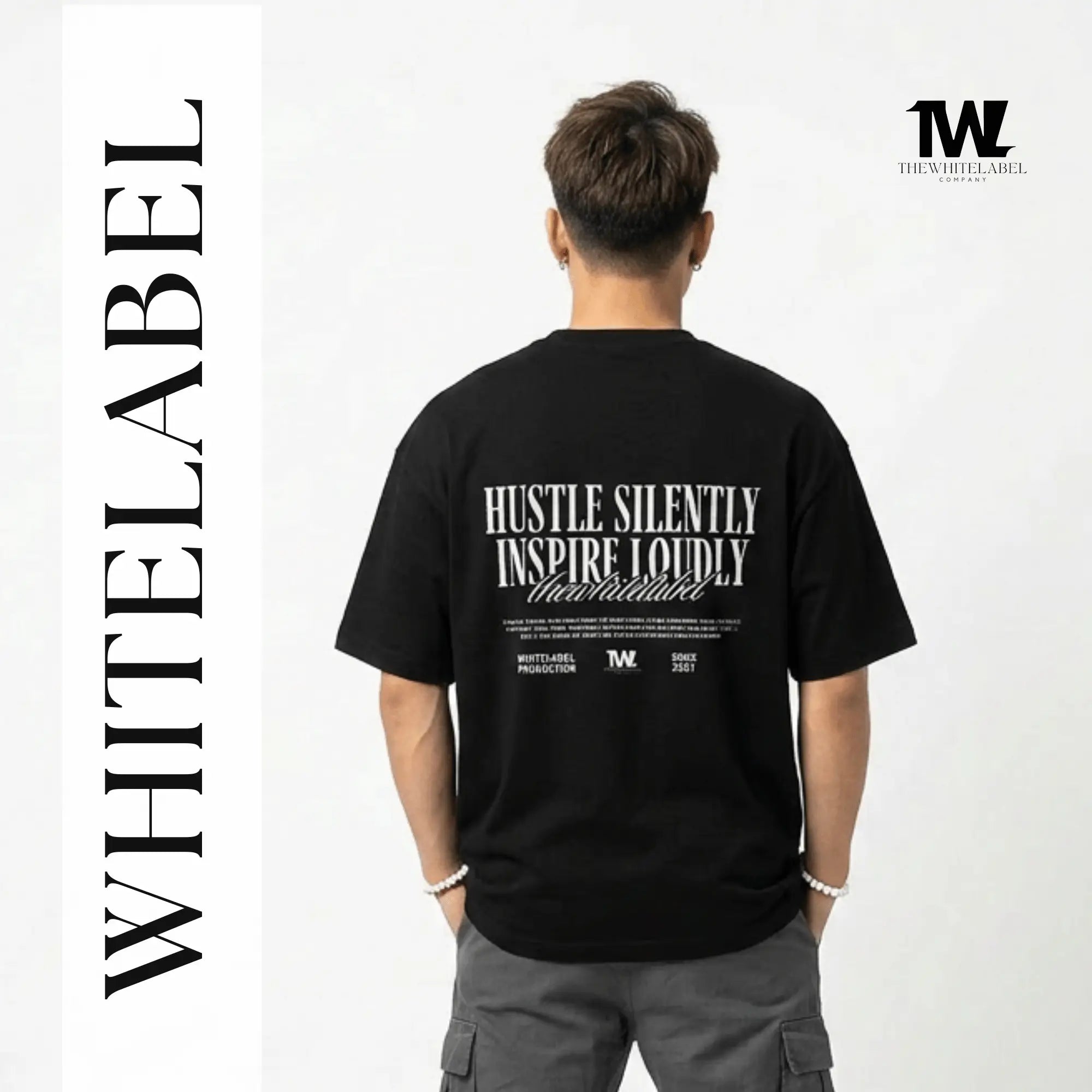 THEWHITELABEL CS05 Hustle in silence 300Gsm Oversize Unisex T-shirt in Black and White Color THEWHITELABEL