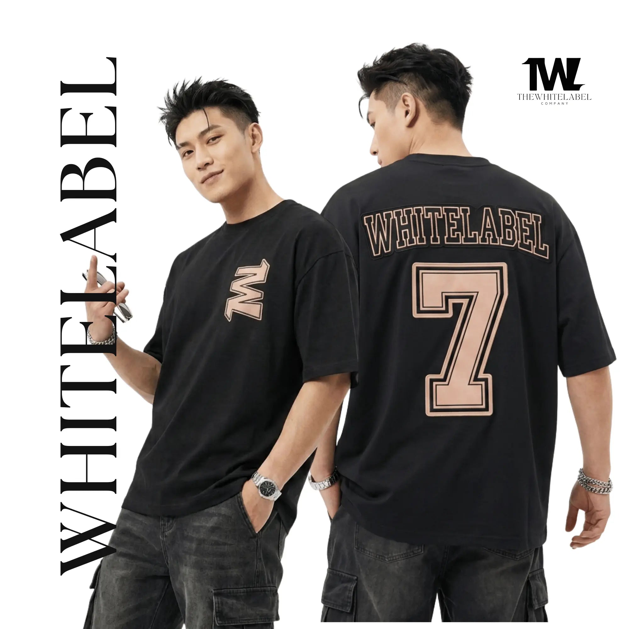 THEWHITELABEL AP01 Number 7 Applique Embroidered Oversized Unisex T-Shirt in Black Colour