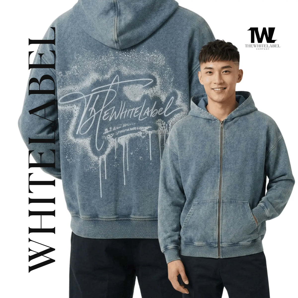 Heavyweight Zip Up Hoodie | THEWHITELABEL HD01 Acid Wash Denim