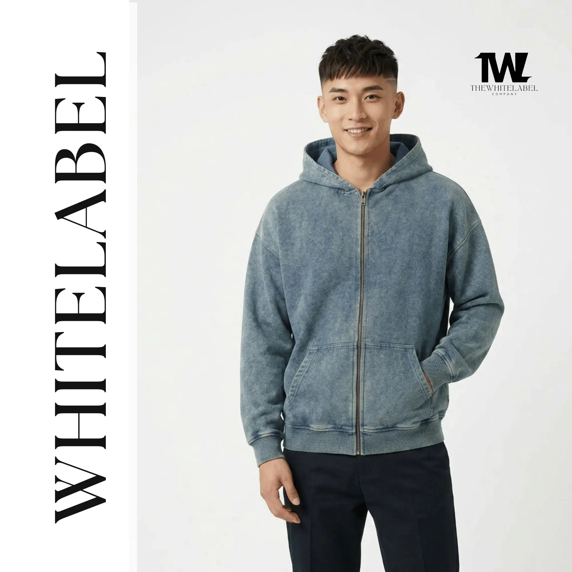 THEWHITELABEL HD01 Acid Wash Denim Colour 380GSM Oversized Zipper Hoodie THEWHITELABEL