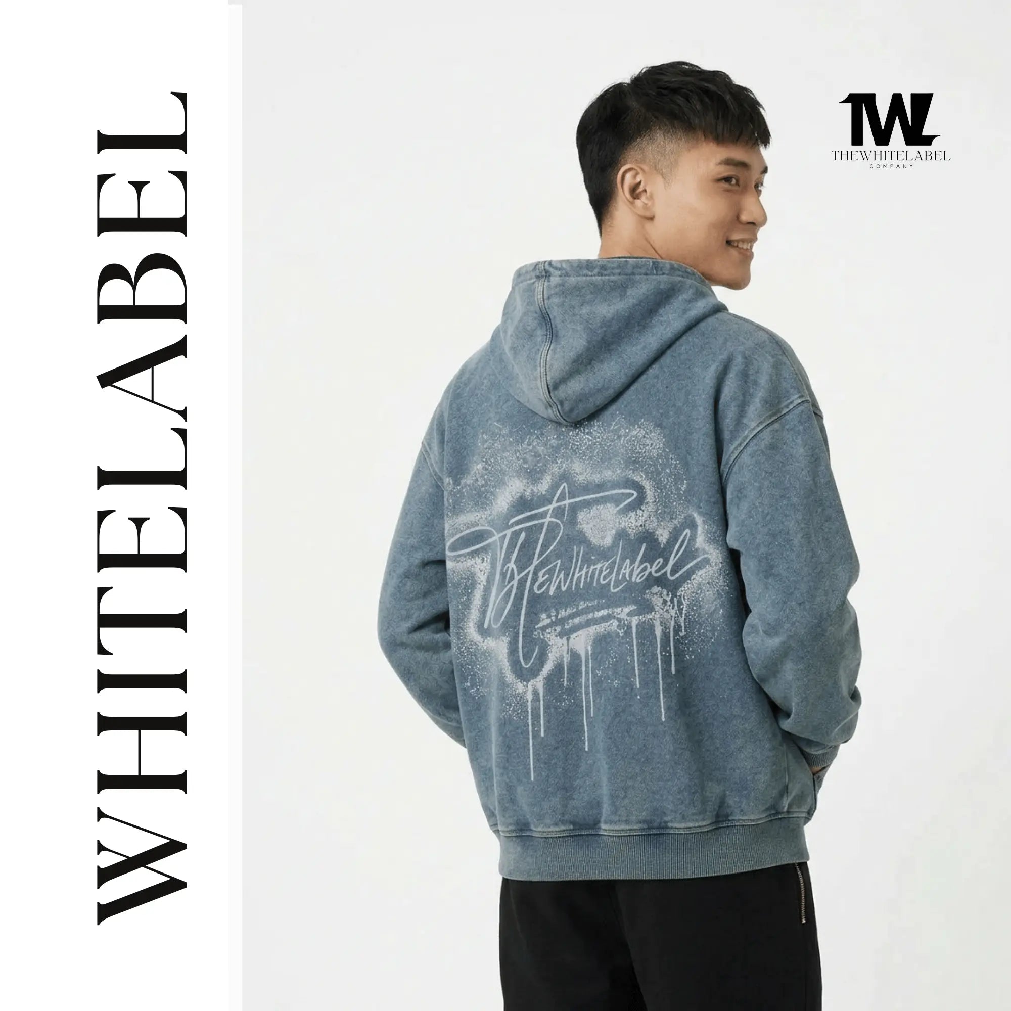 THEWHITELABEL HD01 Acid Wash Denim Colour 380GSM Oversized Zipper Hoodie THEWHITELABEL