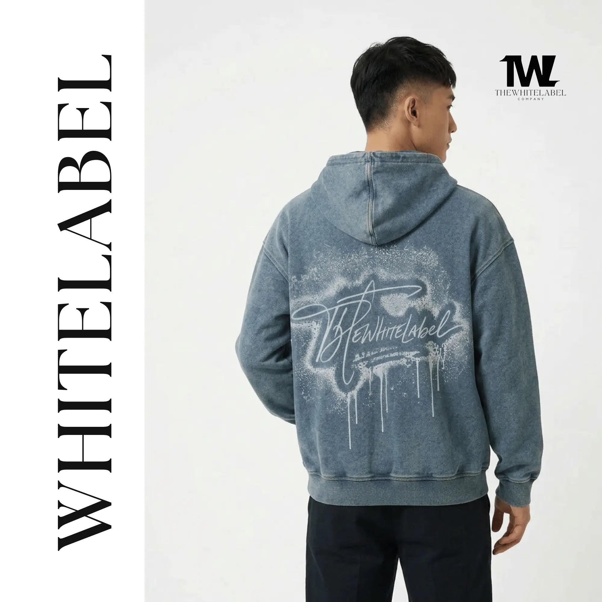 THEWHITELABEL HD01 Acid Wash Denim Colour 380GSM Oversized Zipper Hoodie THEWHITELABEL