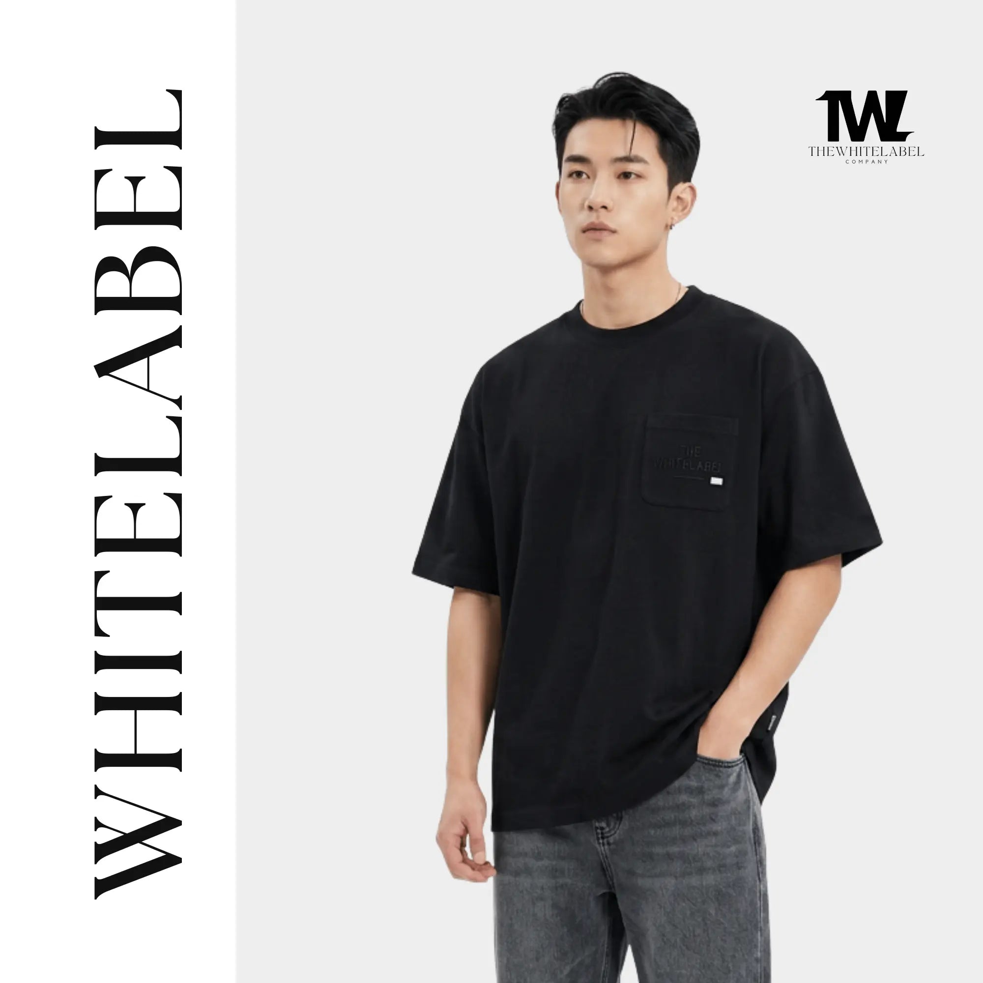 THEWHITELABEL PK01 Original Embroidered Pocket Oversized Unisex T-Shirt in Black and Khaki Colour