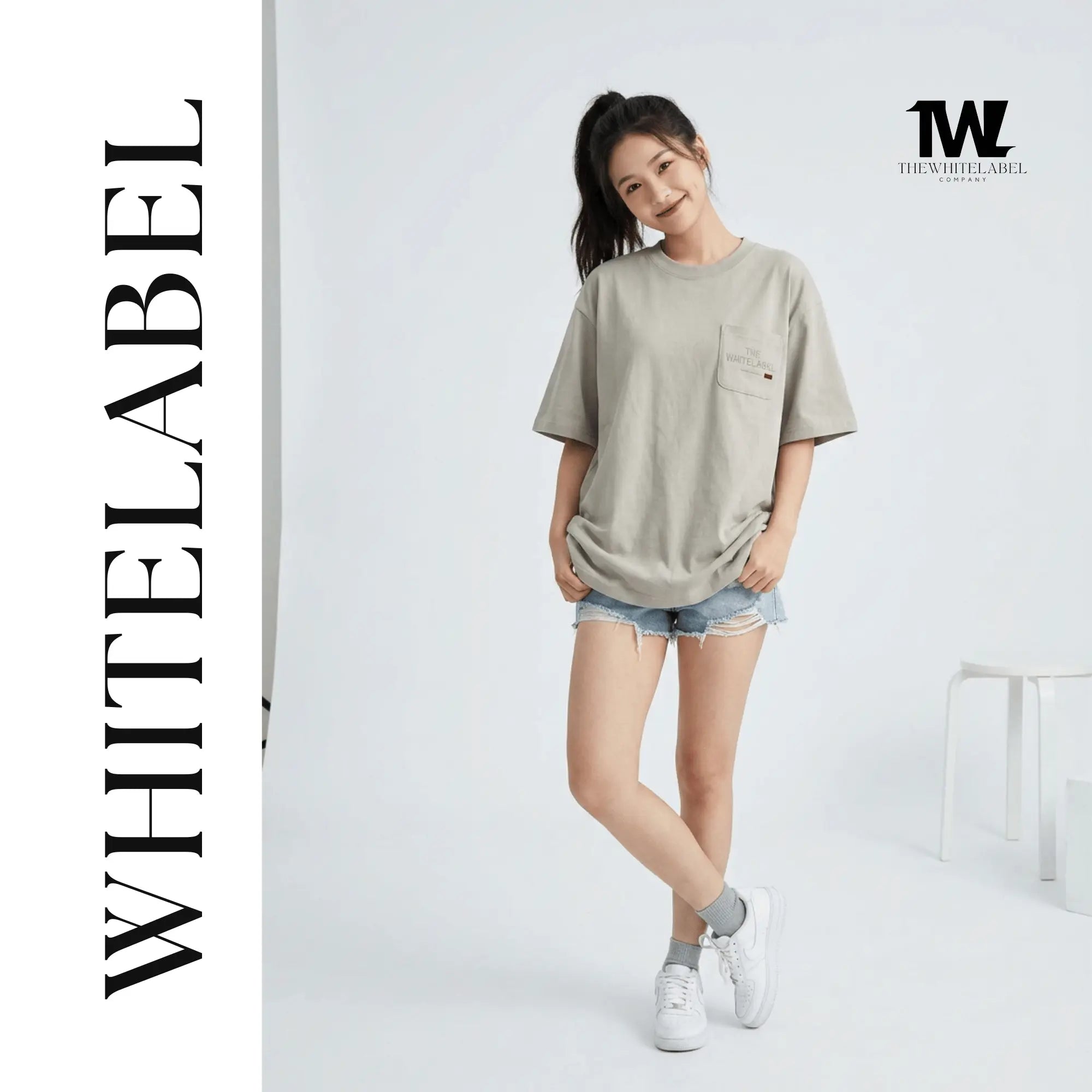 THEWHITELABEL PK01 Original Embroidered Pocket Oversized Unisex T-Shirt in Black and Khaki Colour