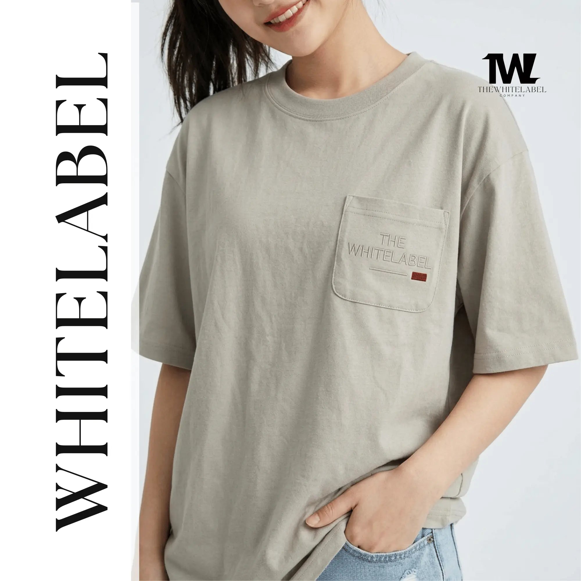 THEWHITELABEL PK01 Original Embroidered Pocket Oversized Unisex T-Shirt in Black and Khaki Colour