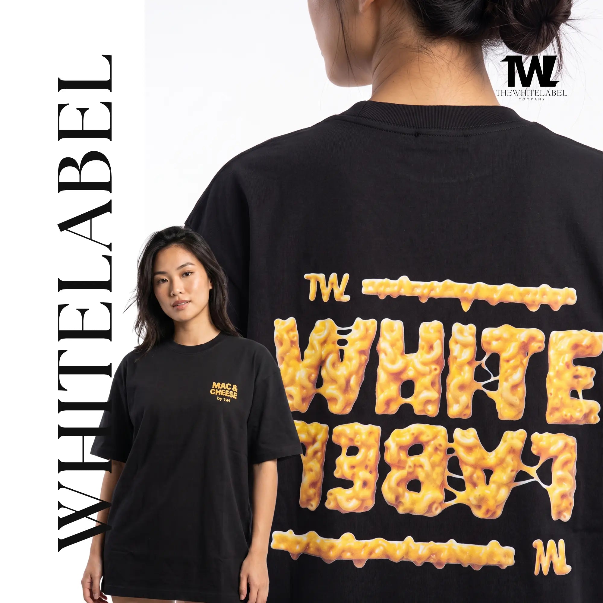 THEWHITELABEL FS04 MAC N CHEESE 300GSM Oversize Unisex T-Shirt in Black Color THEWHITELABEL