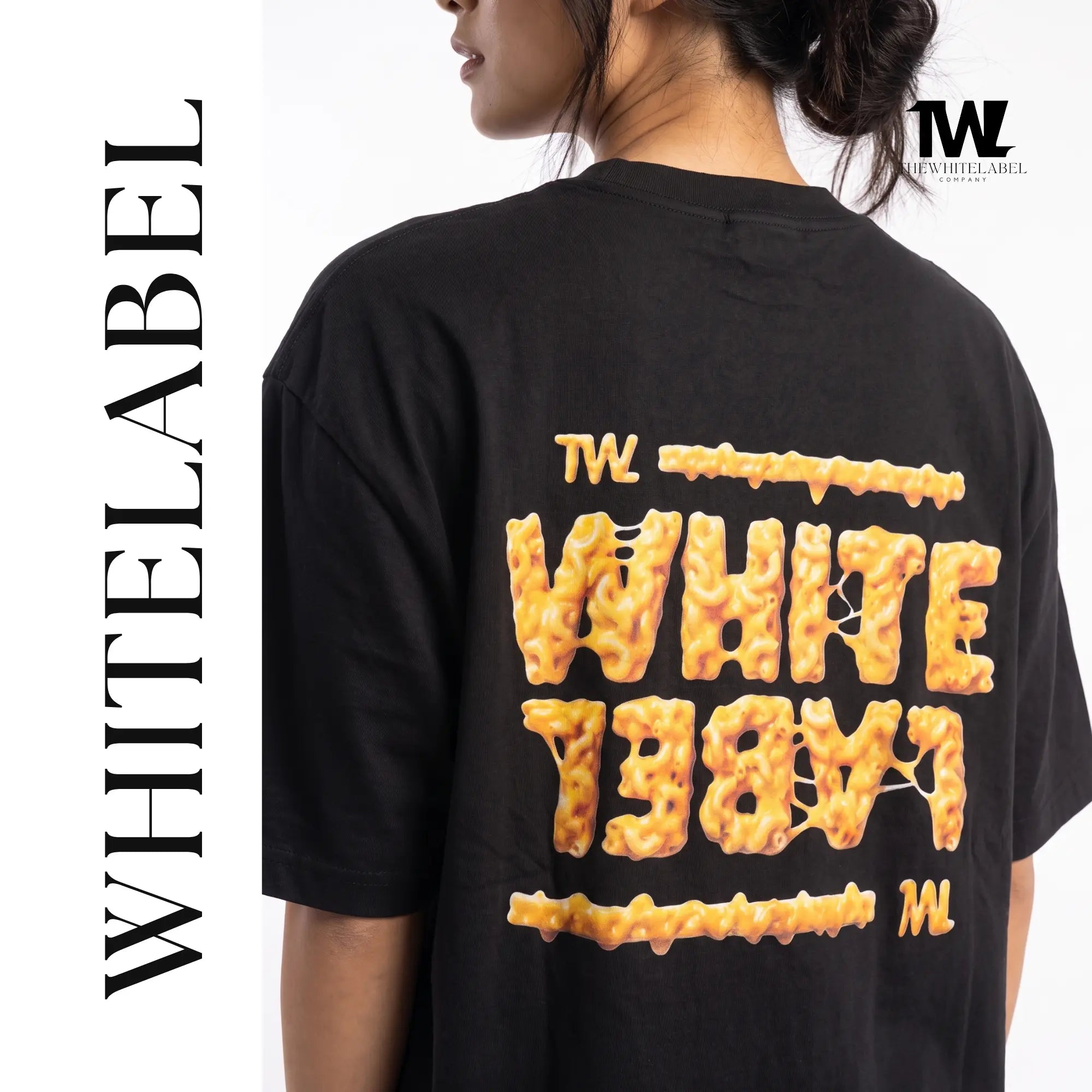 THEWHITELABEL FS04 MAC N CHEESE 300GSM Oversize Unisex T-Shirt in Black Color THEWHITELABEL