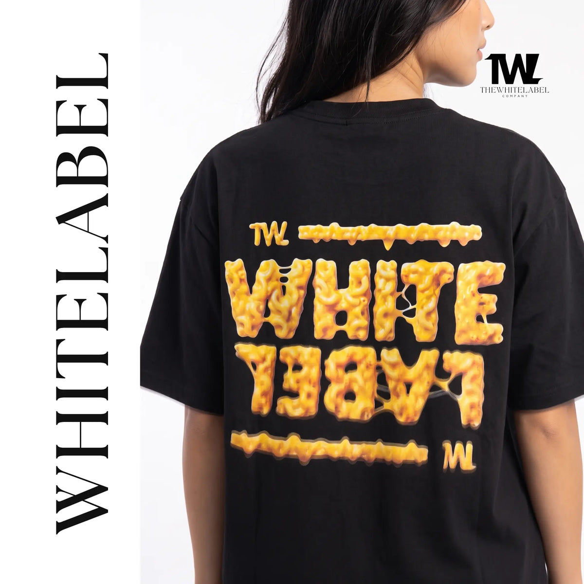 THEWHITELABEL FS04 MAC N CHEESE 300GSM Oversize Unisex T-Shirt in Black Color THEWHITELABEL