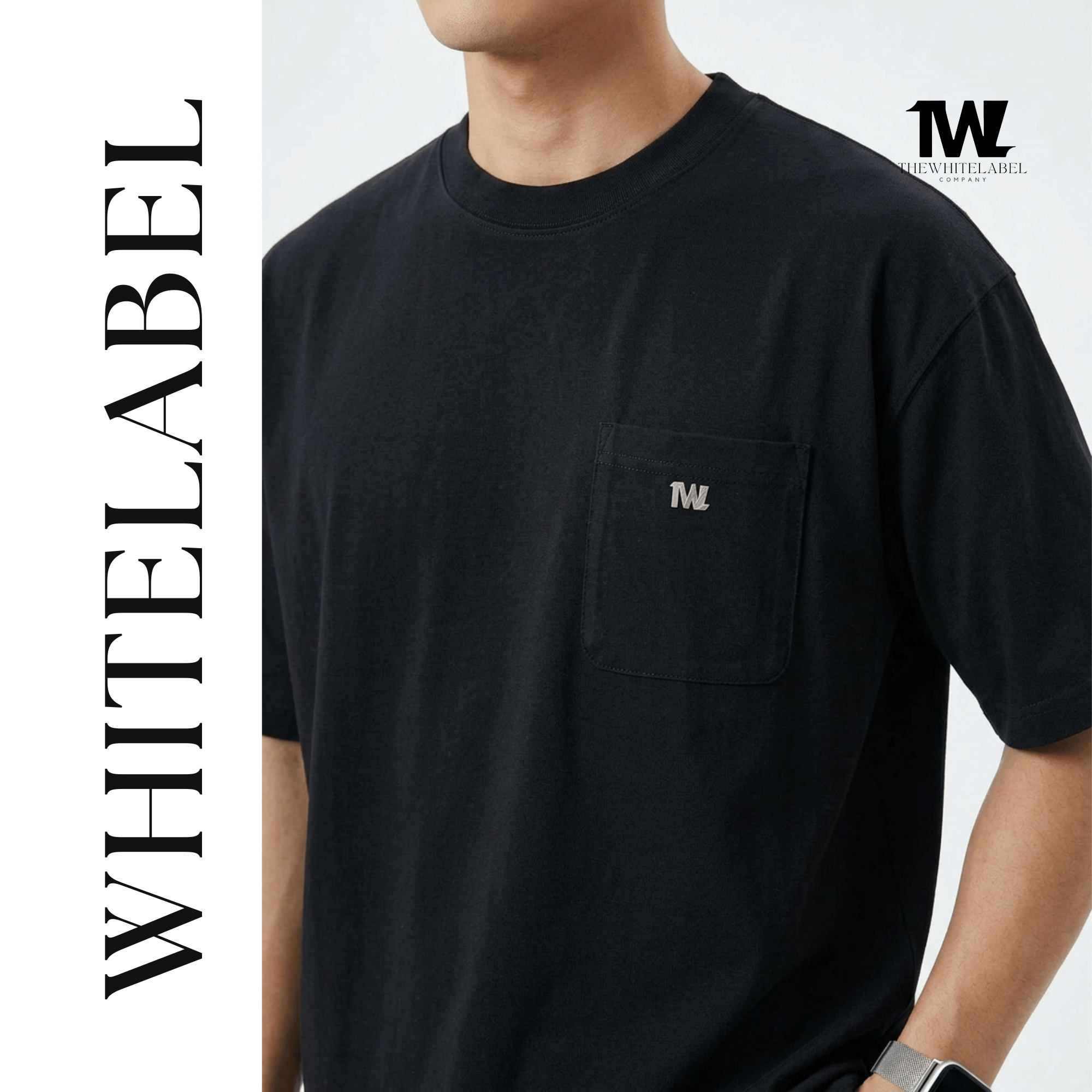 THEWHITELABEL PK03 Minimal Pocket Reflective Oversized Unisex T-Shirt in Black Colour THEWHITELABEL
