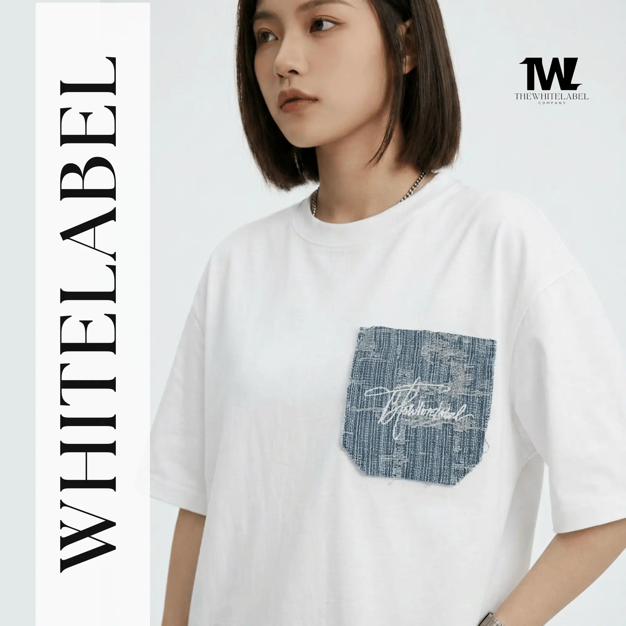 THEWHITELABEL PK02 Denim Pocket Embroidered Oversized Unisex T-Shirt in White Colour