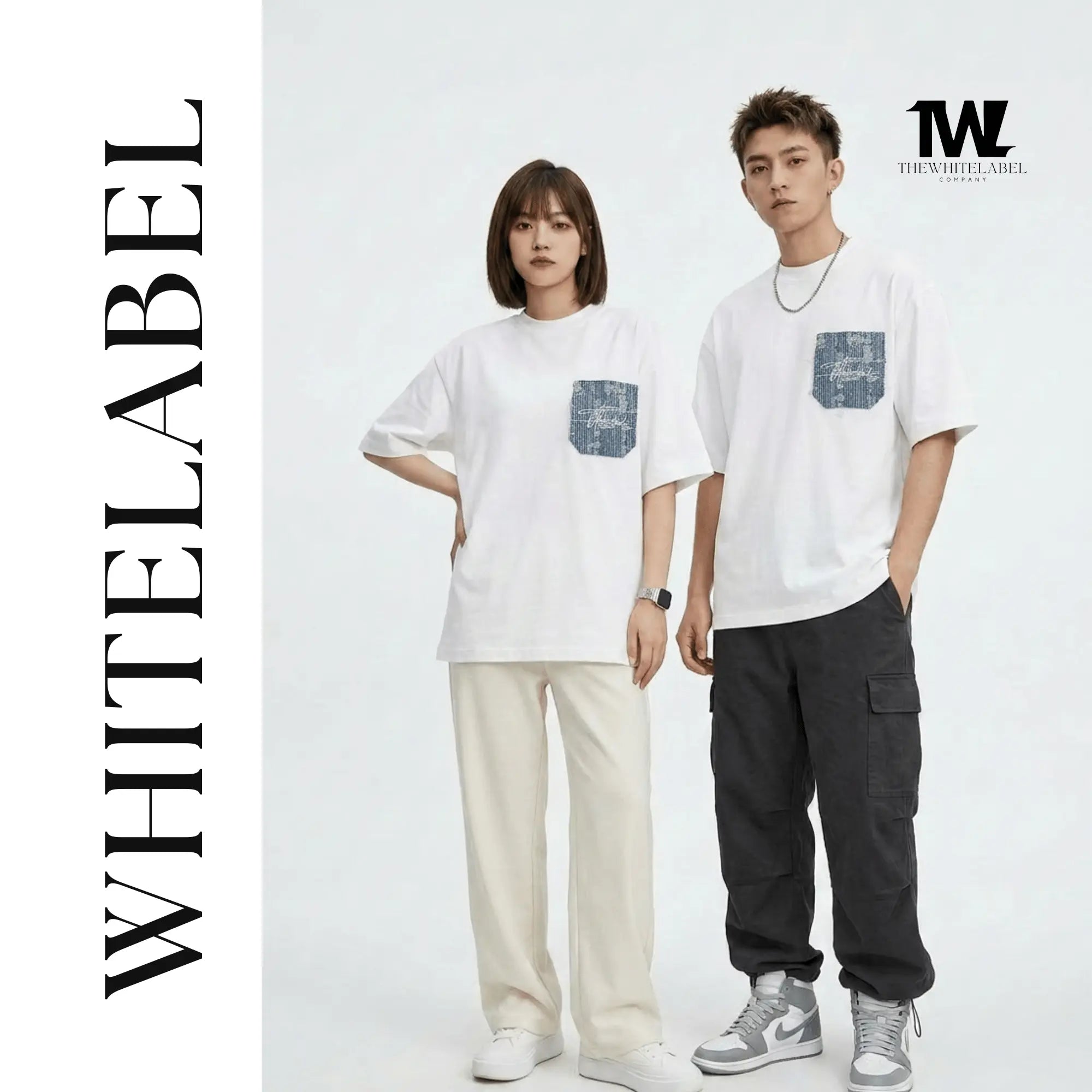 THEWHITELABEL PK02 Denim Pocket Embroidered Oversized Unisex T-Shirt in White Colour