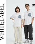 THEWHITELABEL PK02 Denim Pocket Embroidered Oversized Unisex T-Shirt in White Colour