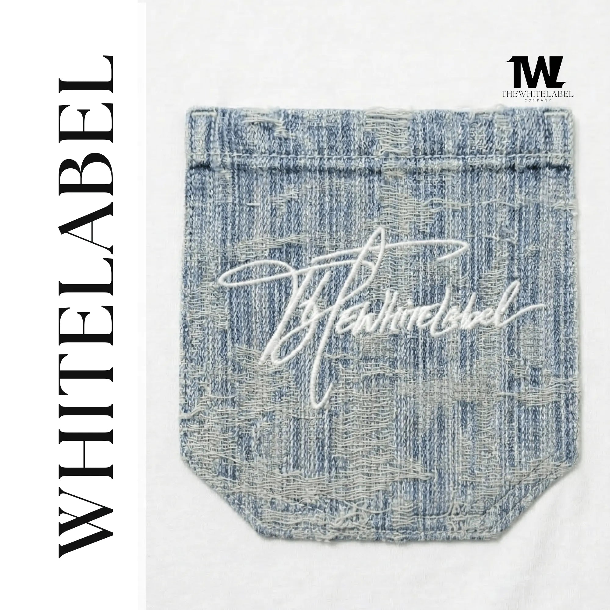 THEWHITELABEL PK02 Denim Pocket Embroidered Oversized Unisex T-Shirt in White Colour