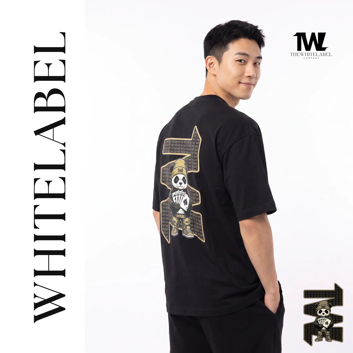 THEWHITELABEL SG24 POKER PANDA ROYALE 300Gsm Oversize Unisex T-shirt in Black Color THEWHITELABEL